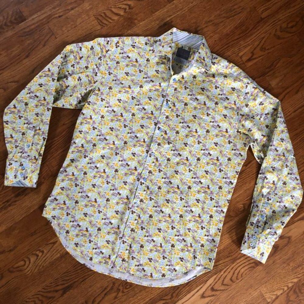 Thomas Dean Cotton Yellow Blue Plum Floral Reversible Cuff Long Sleeve Shirt L